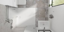 Ein modernes Badezimmer mit einer eleganten Dusche, einem minimalistischen Waschbecken und hellen Fliesen an den Wänden.